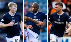 Lyall Cameron, Mo Sylla and Jordan McGhee are among the 13 Dundee players out of contract next summer. Images: SNS