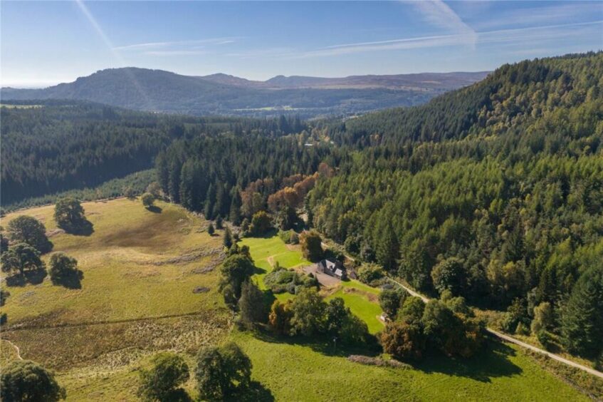 An aerial shot of the Highland Perthshire home for sale 