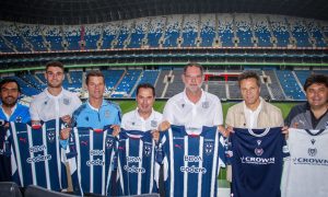 Dundee chiefs Tim Keyes (third from left) and John Nelms (third from right) team up with Monterrey bosses. Image: Dundee FC