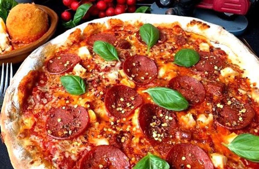 pizza with basil and peperoni. 