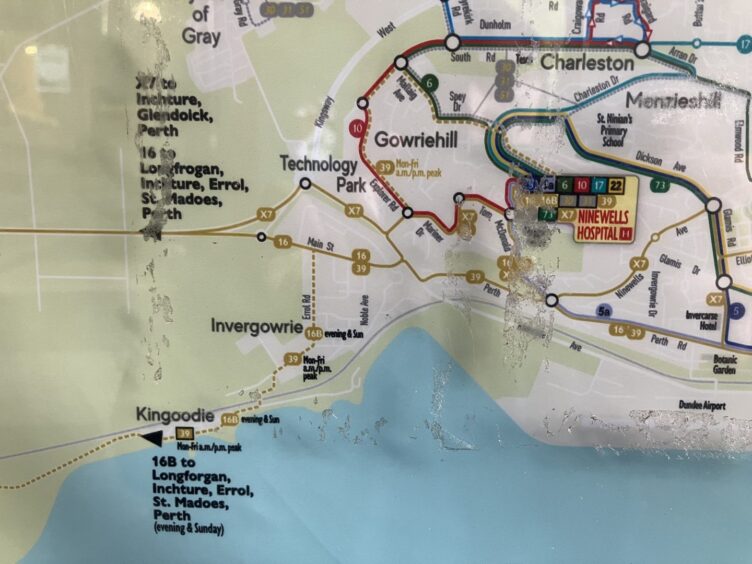 The network map at the Whitehall Street bus stop still shows the 16 and X7 services, which were both axed earlier in 2024.