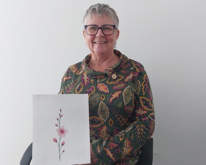 Angus Toy Appeal chair Lynn Richards with her cherry blossom design. Supplied by Lynn Richards Date; 20/11/2024