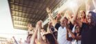 sports fans celebrating in stadium