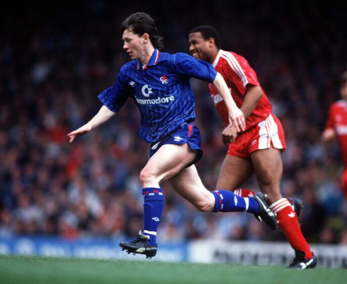 Chelsea's Kevin McAllister takes on John Barnes and Liverpool in 1990. Image: Shutterstock