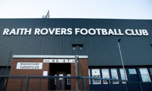 A photo of the facade of the main stand at Raith Rovers' Stark's Park.