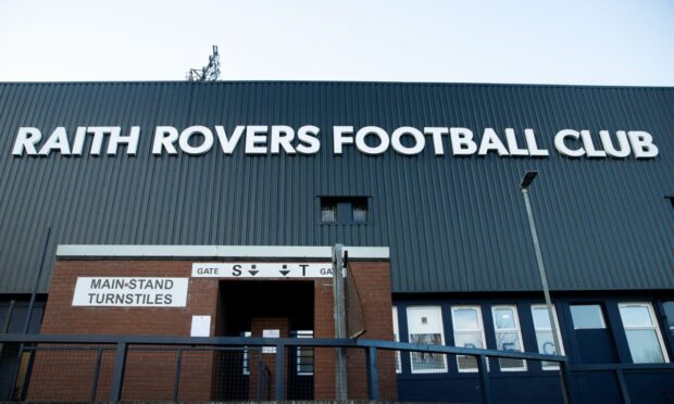 A photo of the facade of the main stand at Raith Rovers' Stark's Park.