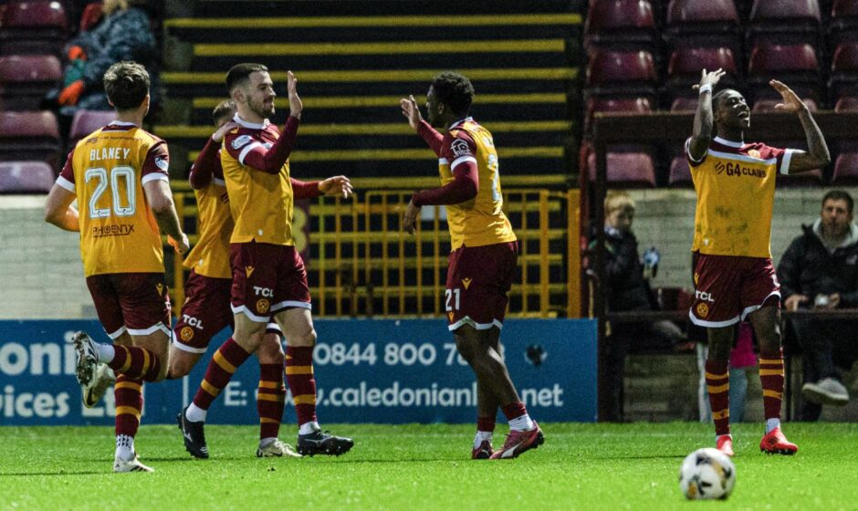 Motherwell's Apostolos Stamatelopoulos celebrates with Marvin Kaleta