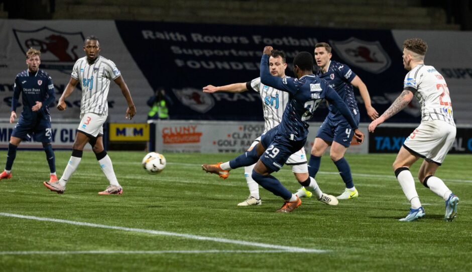 Cody David slams in Raith Rovers' second goal.