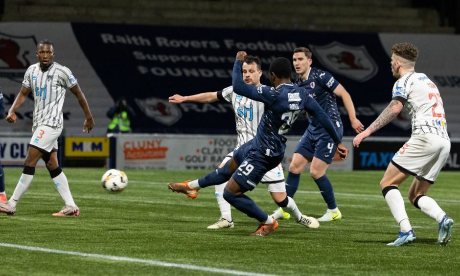 Cody David hammers in Raith Rovers' second goal against Dunfermline.