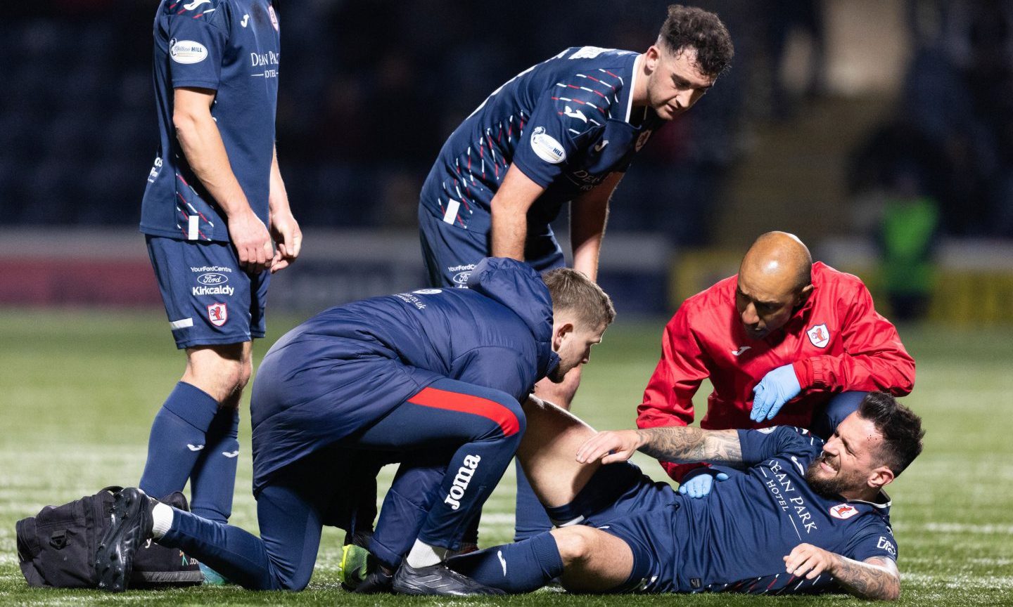 Dylan Easton receives treatment during Raith Rovers' Fife derby win over Dunfermline