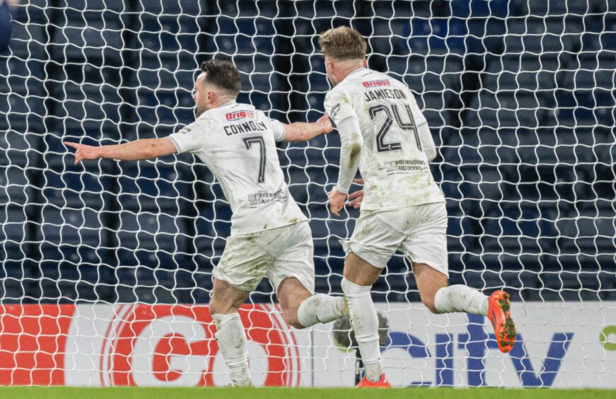 Aidan Connolly runs away with his arms outstretched after scoring for Raith Rovers against Queen's Park in December 2024.