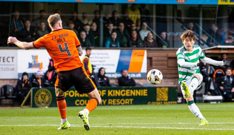 Celtic's Kyogo curls wide of the post.