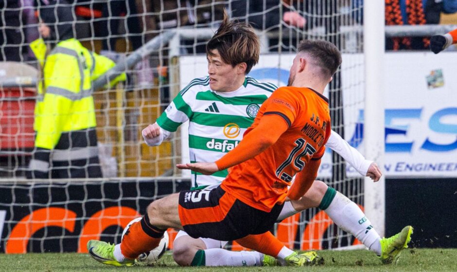 Dundee United's Glenn Middleton gets a decent shot away.