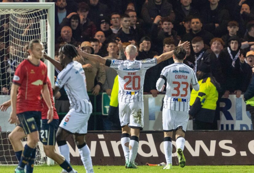Chris Kane celebrates Dunfermline Athletic's first equaliser in front of the Falkirk fans