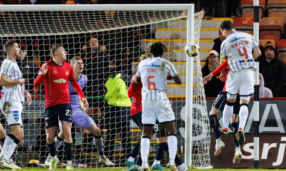 Kyle Benedictus heads in Dunfermline Athletic's final equaliser in the 3-3 draw with Falkirk in December.