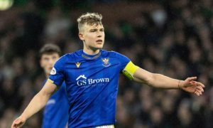 Sven Sprangler encourages his St Johnstone team-mates against Celtic.