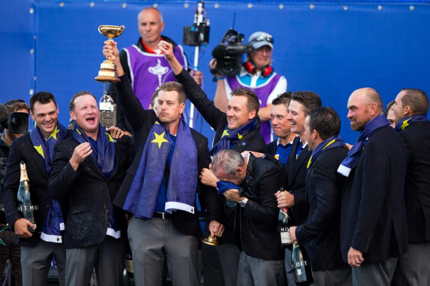 Europe celebrates winning the Ryder Cup at Gleneagles in 2014.