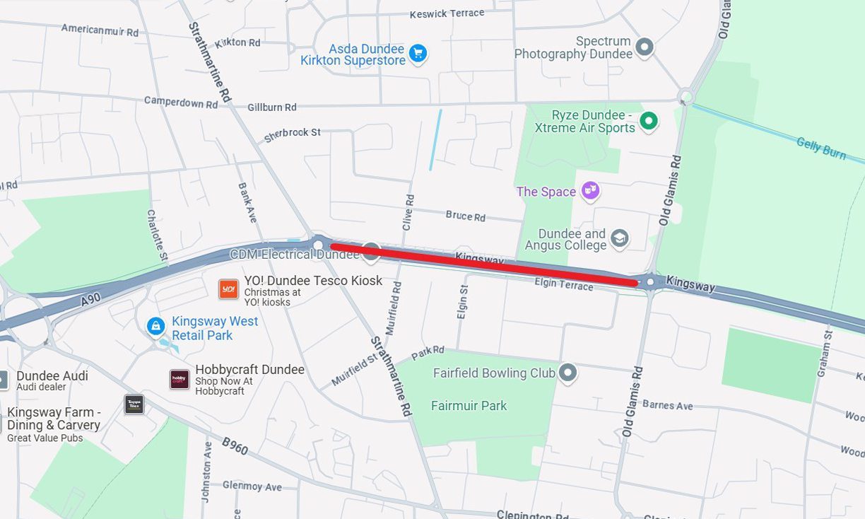 Map showing stretch of A90 Kingsway to be closed overnight to allow for two footbridges to be repaired.