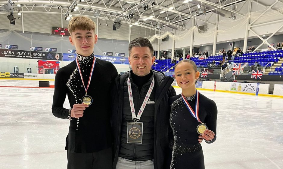 Dundee figure skating stars at the 2025 British Championships: Emily Thomson and Callum Gilchrist successfully defended their Basic Novice Pairs title. Image: Ice Dundee