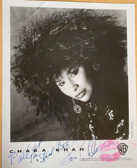 a poster Chaka signed for Sweatbox. it features a head and shoulders hot of the Chicago soul singer 