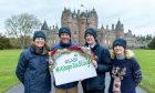 Outside Glamis Castle are Karen Stewart trainee trustee, RSABI, Andrew Brough, estate director, Glamis Castle, Steven Cumming, general manager, Glamis Castle, and Carol McLaren, chief executive, RSABI.