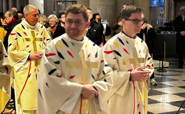 Priests taking part in a celebratory mass at Notre Dame last week, wearing robes using Perthshire-made wool. Image: Macnaughton Holdings.