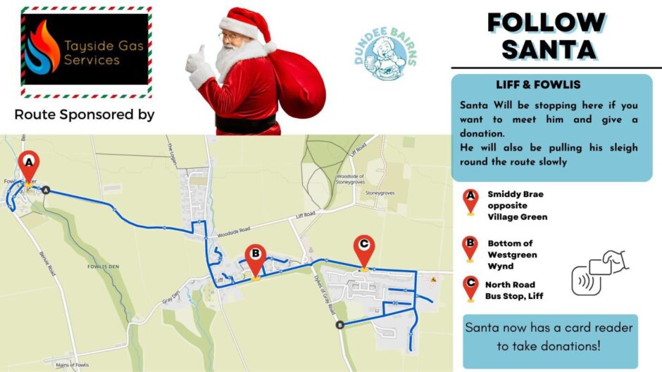The Liff and Fowlis Santa sleigh route map 