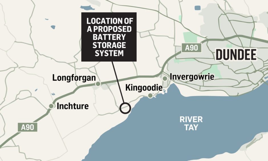 Map showing proposed location of battery storage system close to river Tay between Kingoodie and Longforgan to the north