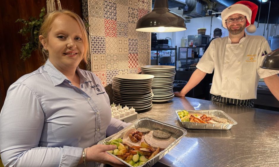 McKays’ Head Chef Richard Kirby and Deputy Manager Ashleigh Dobson are gearing up for their Festive Food Bank shift.