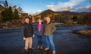 Mount Blair Community Council chair Donald Cameron, Morag Houstoun and husband David Houstoun at the derelict Spittal of Glenshee Hotel.