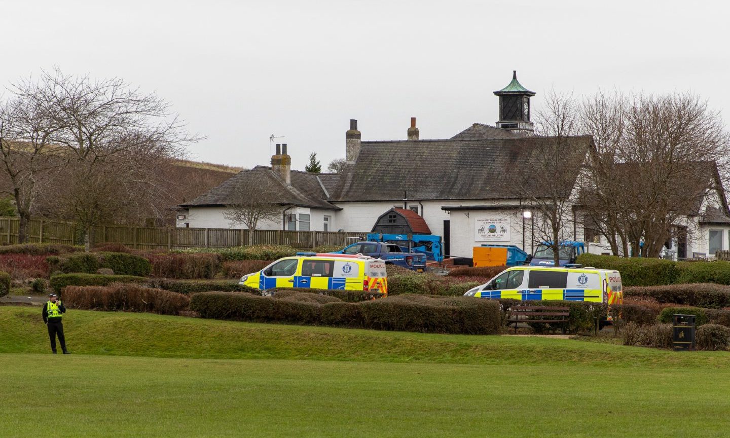 Emergency services near the scene of the aircraft crash near Kinglassie.