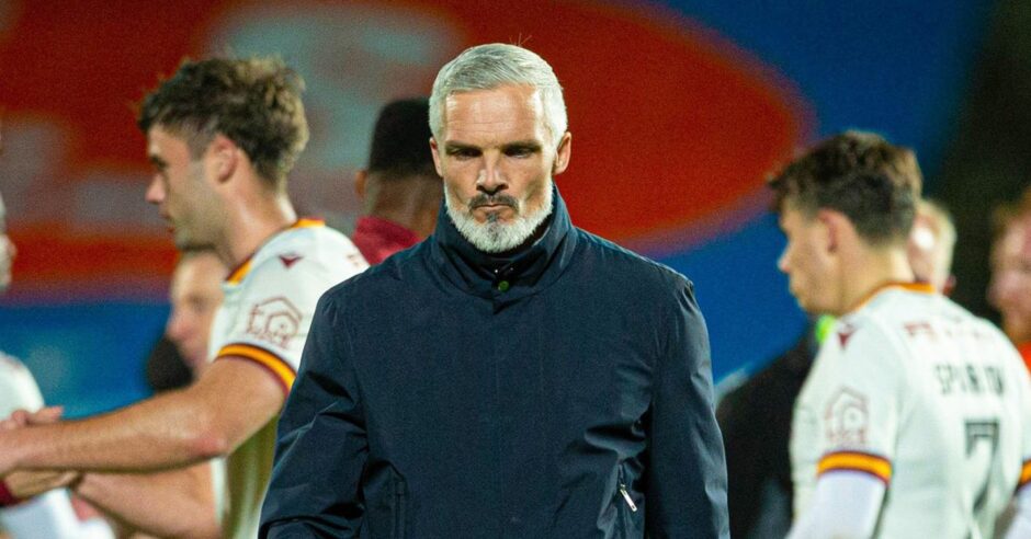 Jim Goodwin cuts a frustrated figure after Dundee United lose out to Motherwell in October