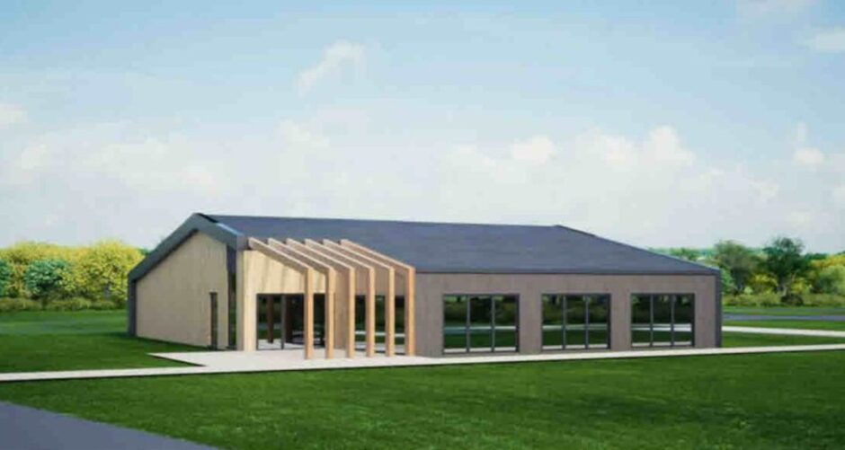 Architect's drawing of modern, one storey timber building with large windows set in countryside