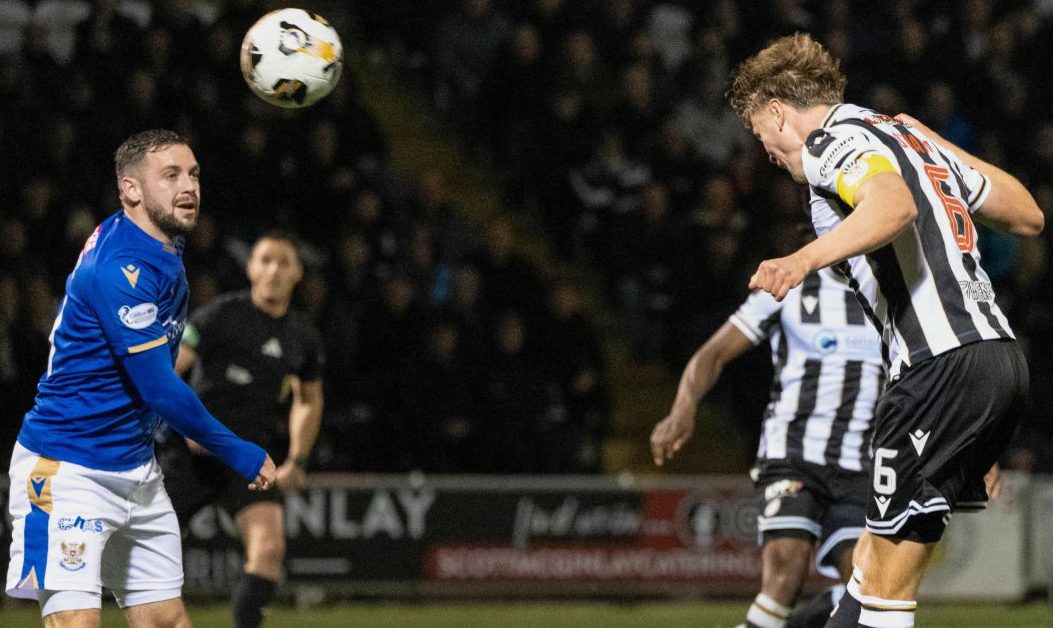 Mark O'Hara scores with a header against St Johnstone for St Mirren.
