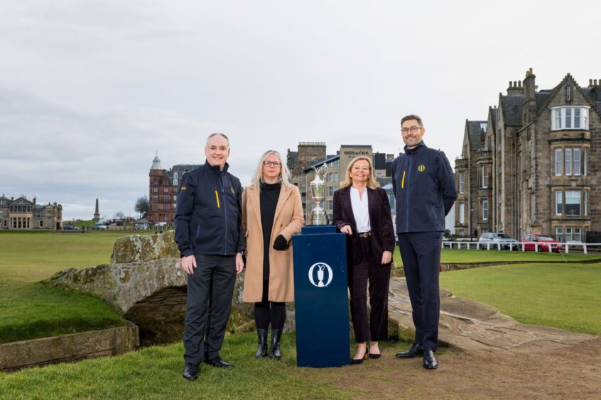 At the Swilcan Bridge are Richard Lochhead, Scottish business minister; Rhona Corscadden, head of sport delivery at VisitScotland; Sandra Tuddenham, chair of St Andrews Links Trust and Mark Darbon, chief executive of The R&amp;A, announcing the return of The Open to St Andrews.