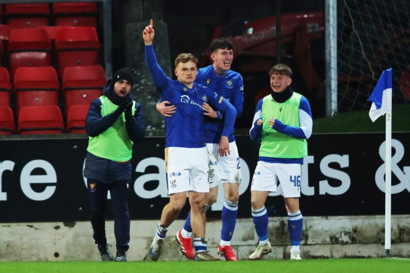 Taylor Steven after equalising for St Johnstone.