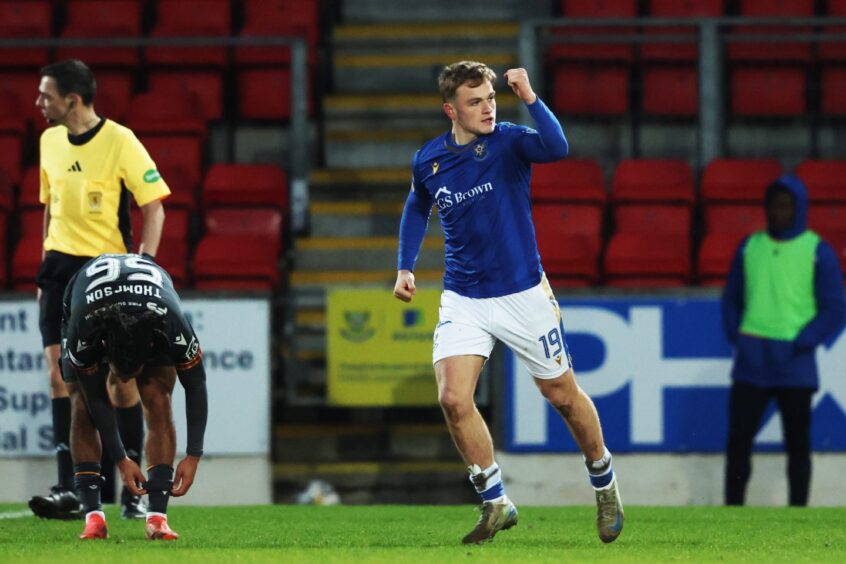 Taylor Steven punches the air after scoring for St Johnstone against Motherwell.