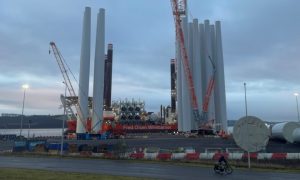 Turbine towers at the Port of Dundee will be transported to the North Sea by the Brave Tern. Image: Rob McLaren/DC Thomson