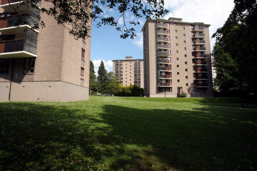 grass and tower blocks in Dryburgh, Dundee