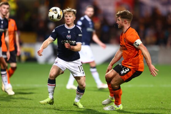 Lyall Cameron of Dundee challenges for the ball with Ross Docherty of Dundee United. Image: David Young/Shutterstock