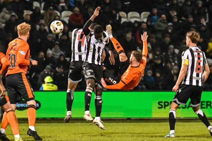 Dundee United's Louis Moult finds the net in acrobatic fashion