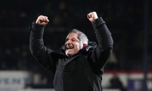 Tony Docherty celebrates his first derby win as Dundee manager. Image: Mark Runnacles/Shutterstock