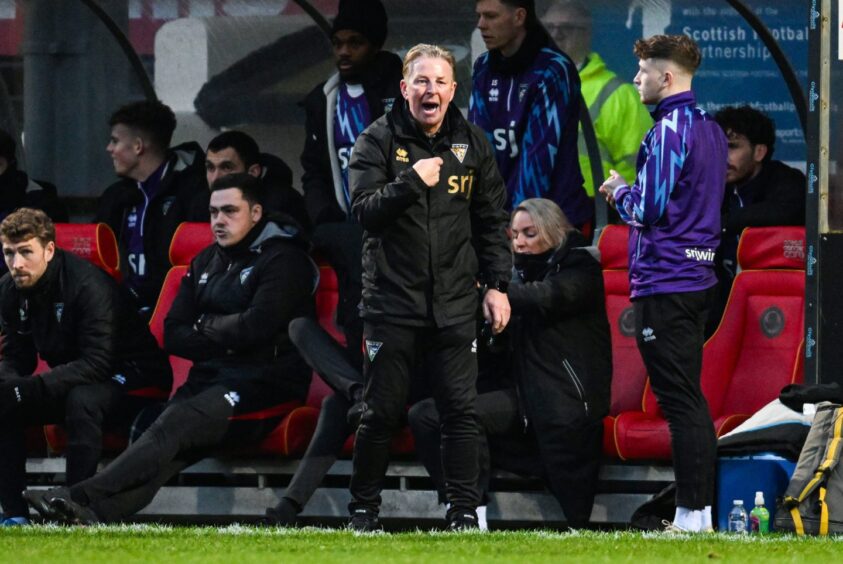 John McLaughlan shouts instructions from the sidelines against Partick Thistle.