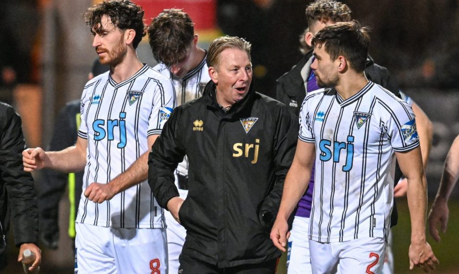 Interim Dunfermline Athletic boss John McLaughlan flanked by Joe Chalmers and Aaron Comrie.