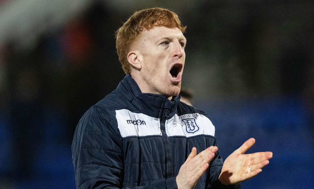 Simon Murray, pictured at full-time against St Johnstone, played a key role in Dundee's win in Perth. Image: Mark Scates/SNS