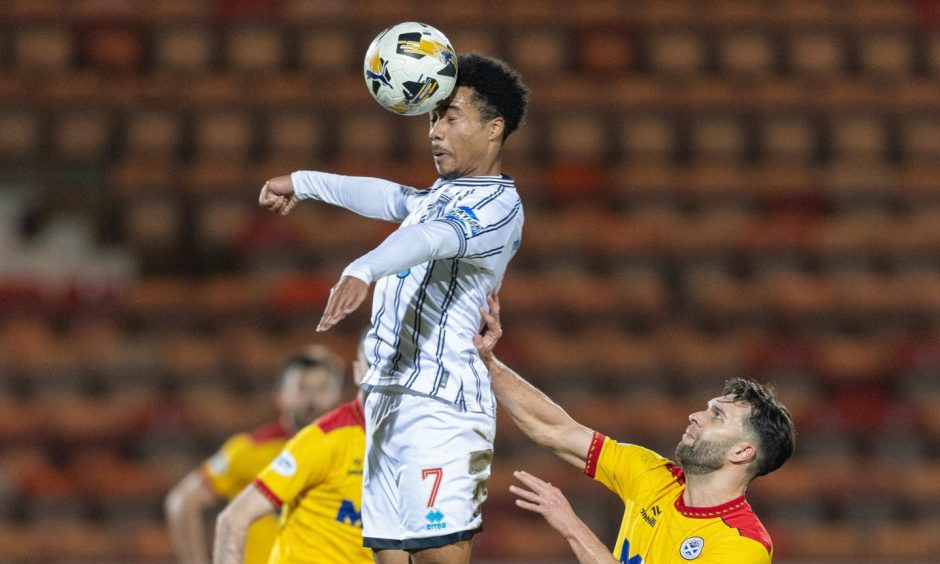 Dunfermline Athletic winger Kane Ritchie-Hosler heads the ball.