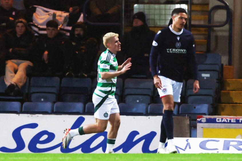 Luke McCowan scores for Celtic against Dundee