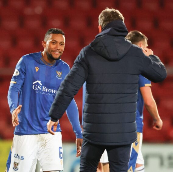 Simo Valakari and Victor Griffith at the end of the St Johnstone v Motherwell game. 