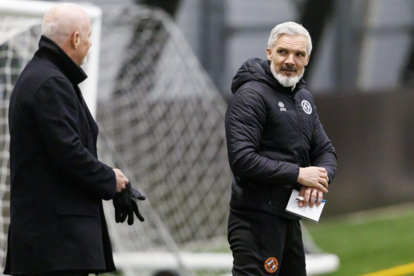 Dundee United owner Mark Ogren, left, chats with United boss Jim Goodwin at the Regional Performance Centre in Dundee