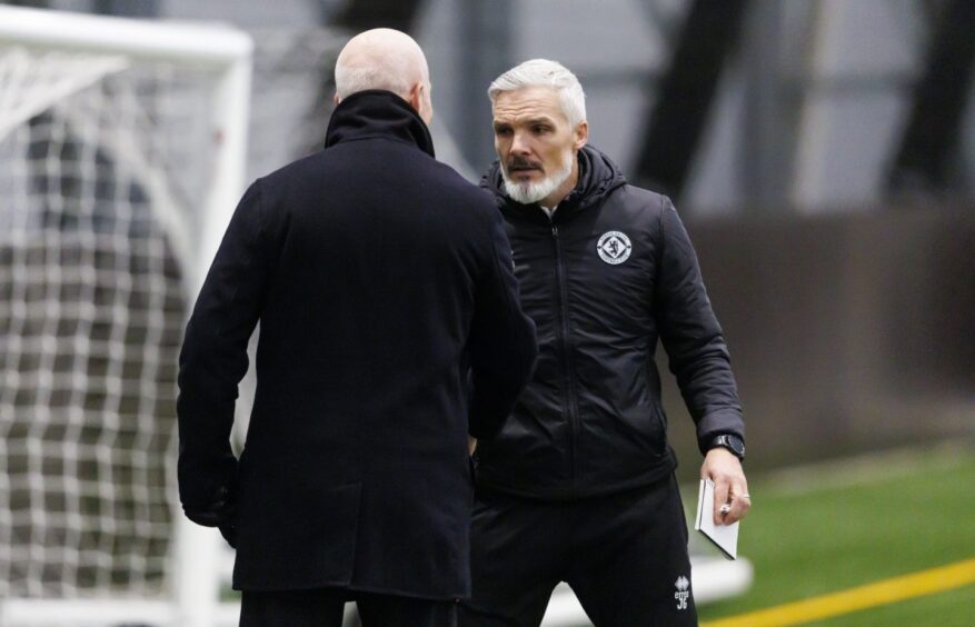 Mark Ogren, left, and Jim Goodwin at Dundee United training last week